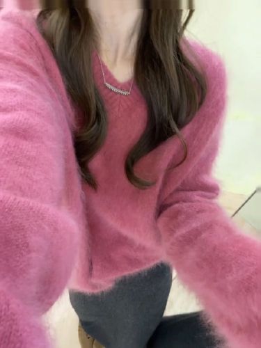 Peach Pink V-Neck Mohair Hooded Long Sleeve Sweater for Women - Autumn/Winter Lazy High-End Outerwear Loose Knit Top