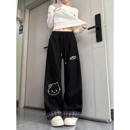 Cartoon Cat Print Black Casual Pants for Girls 2025 Winter New Checkered Hemmed Fleece Sport Pants