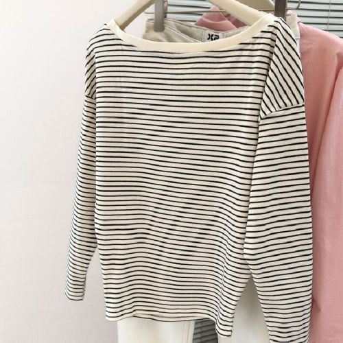 Women's Loose Korean Style Striped One-Shoulder Long-Sleeve Cotton T-Shirt for Spring and Autumn, Camisole Top with Shoulder Exposure