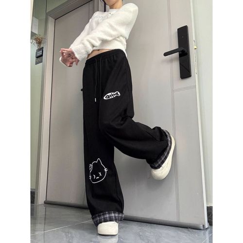 Cartoon Cat Print Black Casual Pants for Girls 2025 Winter New Checkered Hemmed Fleece Sport Pants