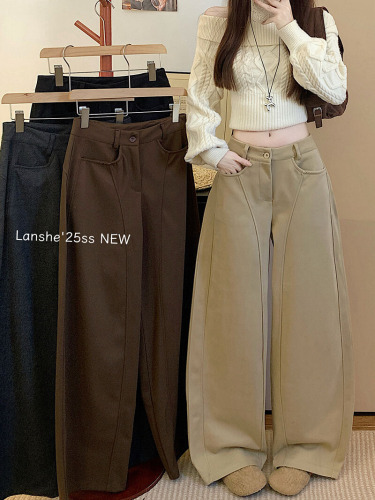Photographed khaki color loose wide-leg pants casual woolen winter retro American straight-leg pants versatile pants