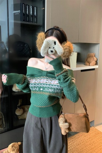 Photographed Fair Isle Retro One-Shoulder Warm Knit Sweater for Women - Autumn/Winter New Arrival Slimming and Figure-Hugging Knit Top