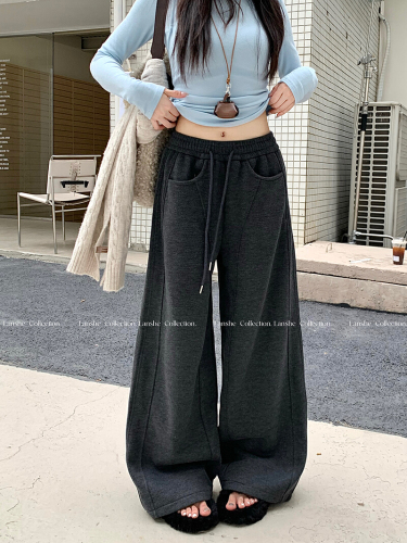 Front Photographed Lazy Style Grey Fleece Casual Pants Women Autumn Winter High-Waist Straight Leg Pants Wide Leg Pants Long Pants Floor-Length Pants