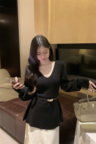 Actual shooting True belt cinched slimming V-neck knit sweater winter base shirt inner top