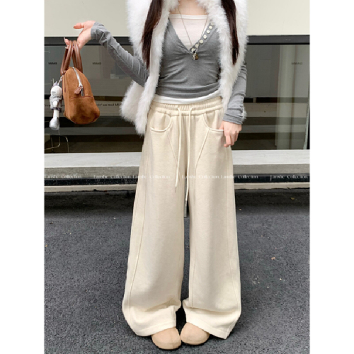 Front Photographed Lazy Style Grey Fleece Casual Pants Women Autumn Winter High-Waist Straight Leg Pants Wide Leg Pants Long Pants Floor-Length Pants