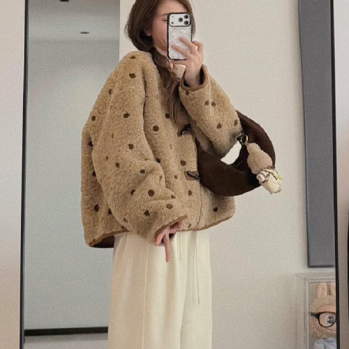 500g Lambswool Composite Suede Towel Embroidery—Laid-back Style Lambswool Cotton Padded Jacket with Contrasting Color Outerwear