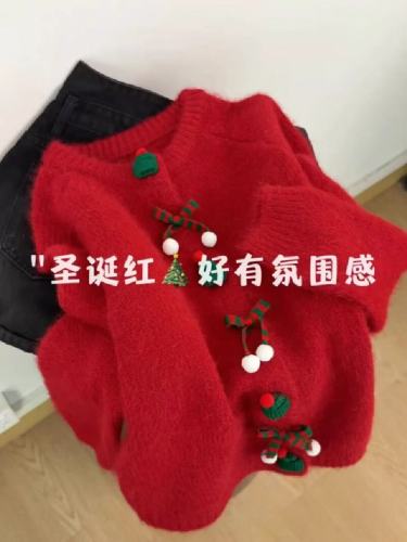 Christmas-style ambiance green grape knit sweater for women, autumn and winter, high-end, relaxed, loose-fitting outerwear top