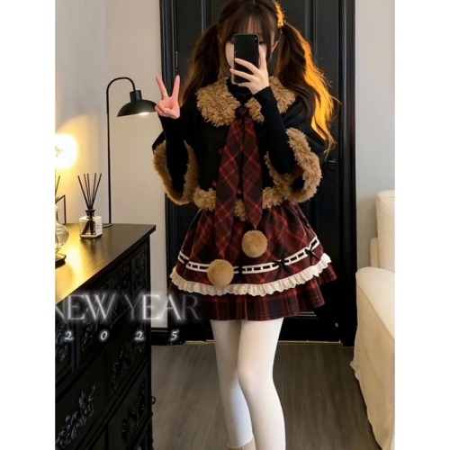 Linlin is busy with a Christmas love song, academic-style retro two-piece dress with long sleeves for autumn and winter women, waist-cinching dress