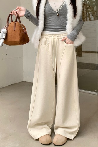 Front Photographed Lazy Style Grey Fleece Casual Pants Women Autumn Winter High-Waist Straight Leg Pants Wide Leg Pants Long Pants Floor-Length Pants