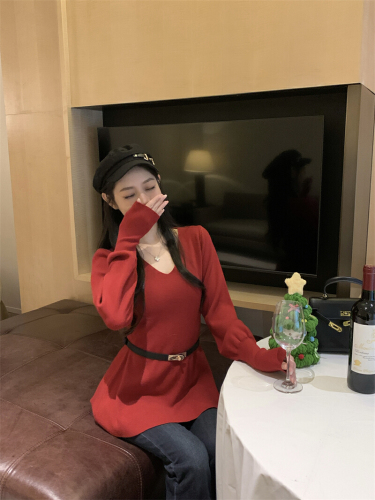 Actual shooting True belt cinched slimming V-neck knit sweater winter base shirt inner top