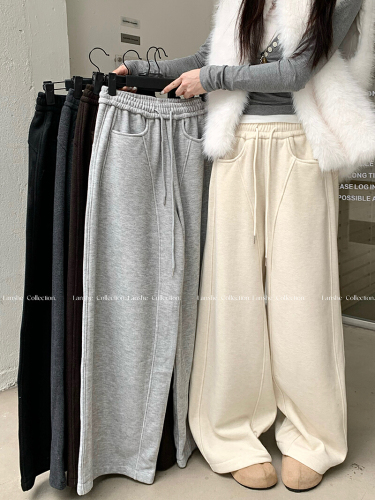Front Photographed Lazy Style Grey Fleece Casual Pants Women Autumn Winter High-Waist Straight Leg Pants Wide Leg Pants Long Pants Floor-Length Pants