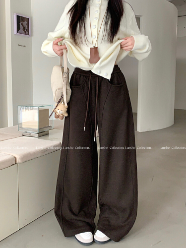 Front Photographed Lazy Style Grey Fleece Casual Pants Women Autumn Winter High-Waist Straight Leg Pants Wide Leg Pants Long Pants Floor-Length Pants