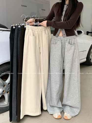 Front Photographed Lazy Style Grey Fleece Casual Pants Women Autumn Winter High-Waist Straight Leg Pants Wide Leg Pants Long Pants Floor-Length Pants