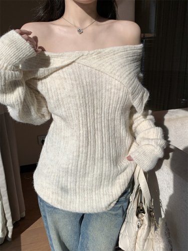 Photographed True Lazy Style Irregular Large Collar Shoulder-Strap Knitwear for Autumn/Winter New Women's Top, Two-Way Wearing