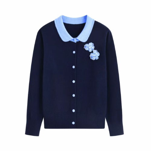 Ladylike Style Doll Collar Knitted Cardigan for Women, Deep Blue Floral Embroidery Button Sweater, Autumn/Winter Youthful and Stylish Top