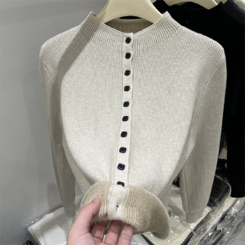 Half-height round neck seamless plush knit cardigan sweater women's 2025 winter new set-in top undershirt outerwear