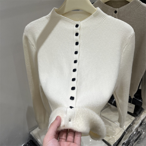 Half-height round neck seamless plush knit cardigan sweater women's 2025 winter new set-in top undershirt outerwear