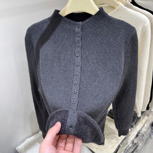 Half-height round neck seamless plush knit cardigan sweater women's 2025 winter new set-in top undershirt outerwear