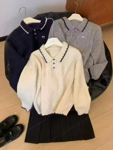 White butterfly bow crocheted collar button knit sweater matches skirt for bohemian autumn wear, early fall fashion sweater 2025 autumn season