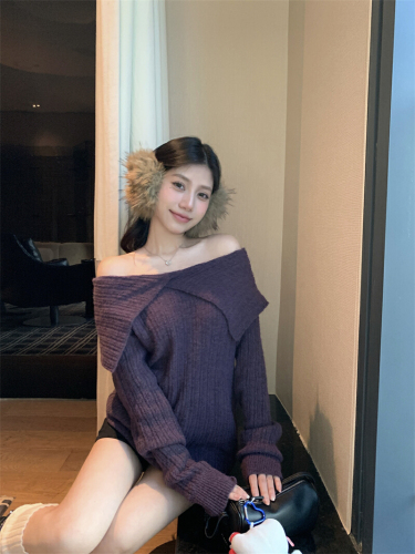 Photographed True Lazy Style Irregular Large Collar Shoulder-Strap Knitwear for Autumn/Winter New Women's Top, Two-Way Wearing