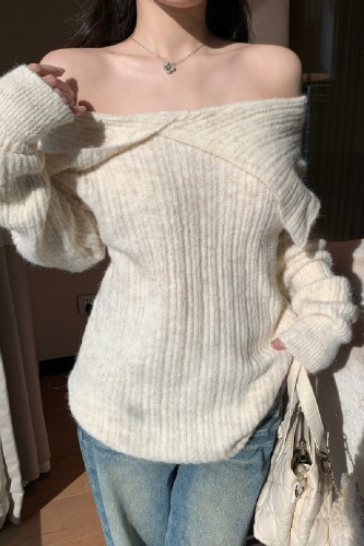 Photographed True Lazy Style Irregular Large Collar Shoulder-Strap Knitwear for Autumn/Winter New Women's Top, Two-Way Wearing