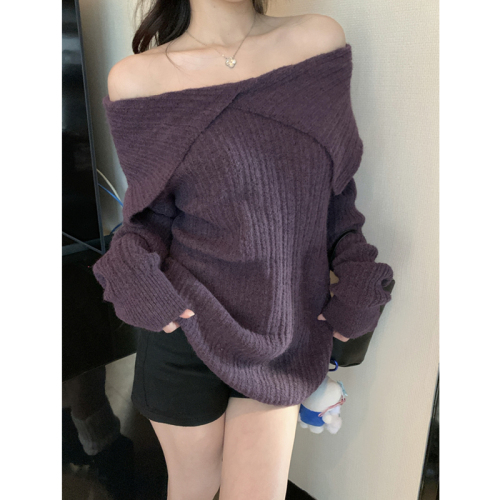 Photographed True Lazy Style Irregular Large Collar Shoulder-Strap Knitwear for Autumn/Winter New Women's Top, Two-Way Wearing
