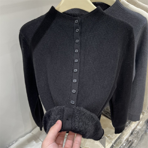 Half-height round neck seamless plush knit cardigan sweater women's 2025 winter new set-in top undershirt outerwear