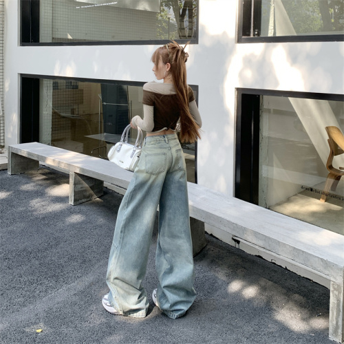 Photographed~ 2025 American Retro Versatile Street New Overhaul Washed Bended Knife Wide Leg Pants Floor-Length Denim Jeans for Women