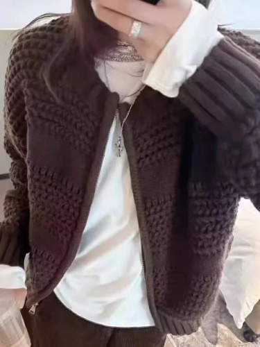 Retro Heavy Industry Pineapple Knit Thick Sweater Coat with Zipper Women's Dongdaemun Autumn New Arrival