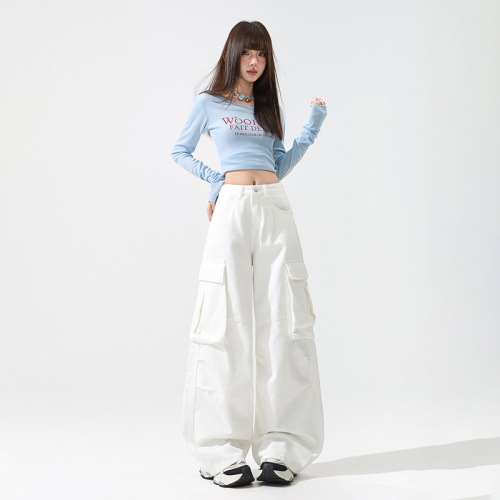 Shooted~ Pure Cotton Denim Comfortable Breathable Multi-Pocket Work Pants Loose Straight Wide Leg Jeans Fashion Ins