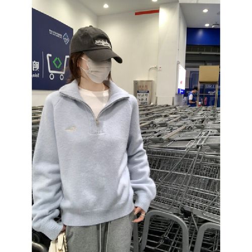Photographed Korean style half-zip standing collar loose shoulder embroidery cashmere knitted sweater long sleeve sweater