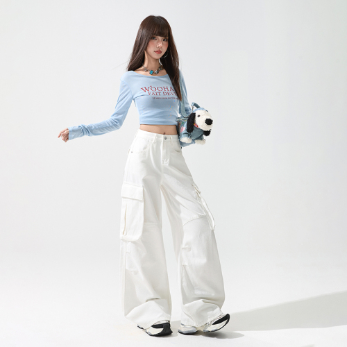 Shooted~ Pure Cotton Denim Comfortable Breathable Multi-Pocket Work Pants Loose Straight Wide Leg Jeans Fashion Ins