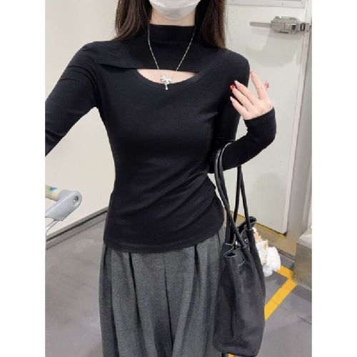 Real-shot autumn/winter Korean-style chic slim-fit edgy hollow-out half-high-neck long-sleeved T-shirt base layer top.