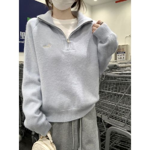 Photographed Korean style half-zip standing collar loose shoulder embroidery cashmere knitted sweater long sleeve sweater