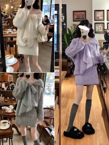 Korean-style sophisticated bow-knot knitted autumn/winter relaxed-fit, stylish, figure-flattering sweater + arm-sheath skirt set