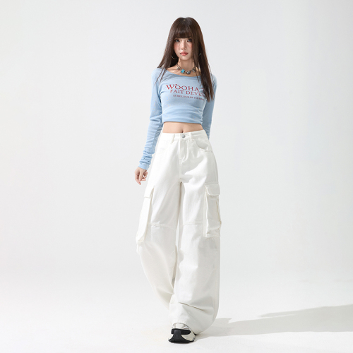 Shooted~ Pure Cotton Denim Comfortable Breathable Multi-Pocket Work Pants Loose Straight Wide Leg Jeans Fashion Ins