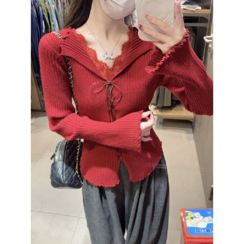 Shooted Autumn/Winter Korean Style Pure Desire Lace Splicing Bamboo Bead Edge Fitted Underlayer Andy Wool Knit Top