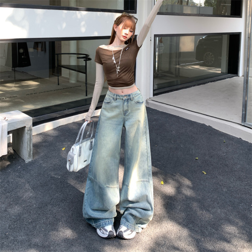 Photographed~ 2025 American Retro Versatile Street New Overhaul Washed Bended Knife Wide Leg Pants Floor-Length Denim Jeans for Women