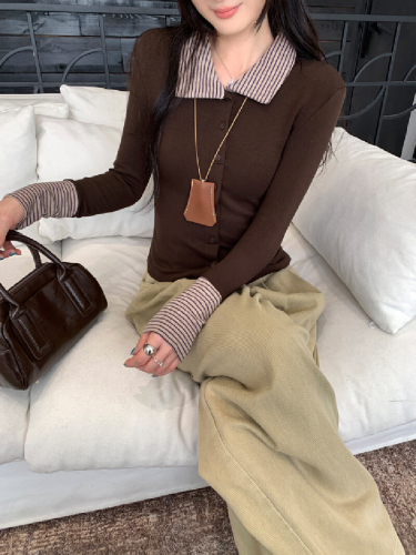 Photographed Image Korean-style Color-block Striped Splicing Collar Design Women's Winter 2025 New Slimming Top