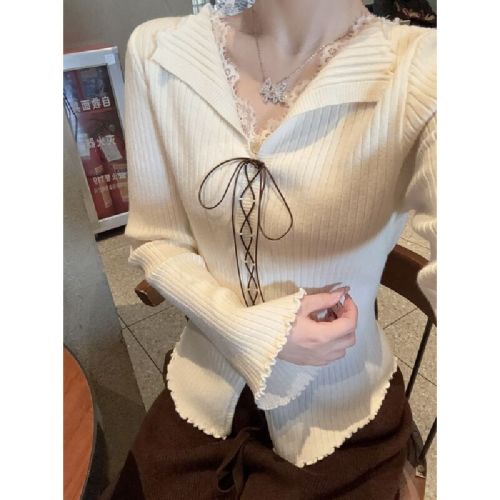 Shooted Autumn/Winter Korean Style Pure Desire Lace Splicing Bamboo Bead Edge Fitted Underlayer Andy Wool Knit Top