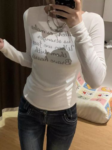 40 Pieces Cool Mesh 1x1 Early Autumn New Korean Print Hot Girl Long-Sleeve T-Shirt Slimming and Stylish Matching Top