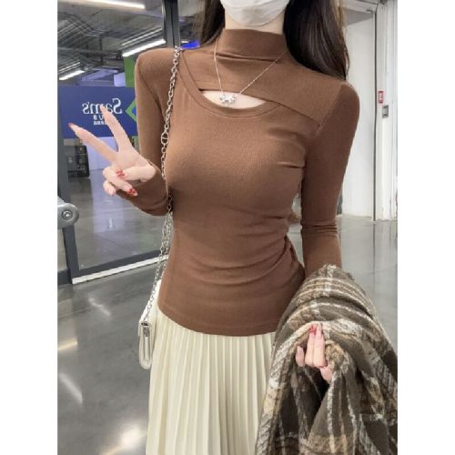 Real-shot autumn/winter Korean-style chic slim-fit edgy hollow-out half-high-neck long-sleeved T-shirt base layer top.