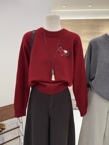 Women's Round Neck Knit Sweater - Small Horse Embroidery, 2025 Autumn/Winter Christmas New Year Fashion Must-Have Versatile Knit Top