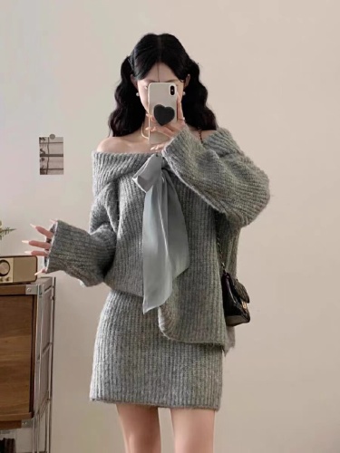 Korean-style sophisticated bow-knot knitted autumn/winter relaxed-fit, stylish, figure-flattering sweater + arm-sheath skirt set