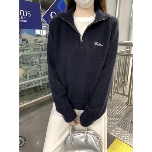 Photographed Korean style half-zip standing collar loose shoulder embroidery cashmere knitted sweater long sleeve sweater