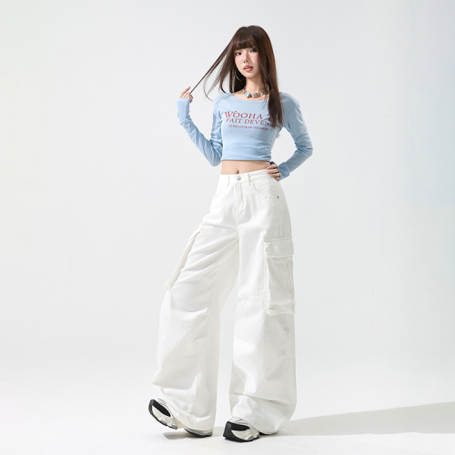 Shooted~ Pure Cotton Denim Comfortable Breathable Multi-Pocket Work Pants Loose Straight Wide Leg Jeans Fashion Ins
