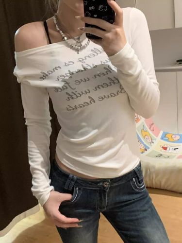 40 Pieces Cool Mesh 1x1 Early Autumn New Korean Print Hot Girl Long-Sleeve T-Shirt Slimming and Stylish Matching Top