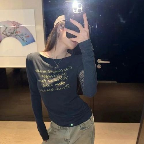 40 Pieces Cool Mesh 1x1 Early Autumn New Korean Print Hot Girl Long-Sleeve T-Shirt Slimming and Stylish Matching Top