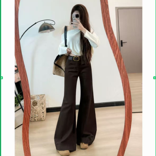 Women's 2025 Autumn New Knee-High Straight Leg Denim Jeans with Faux Fur Lining and Heel Detail, Loose Fit, Floor-Length