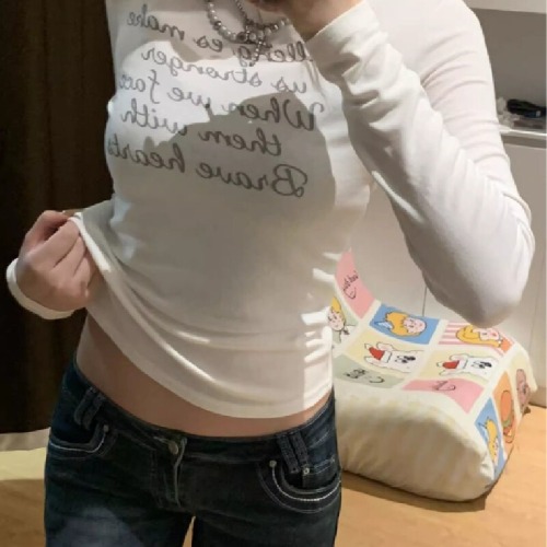 40 Pieces Cool Mesh 1x1 Early Autumn New Korean Print Hot Girl Long-Sleeve T-Shirt Slimming and Stylish Matching Top